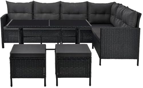Juskys Polyrattan Lounge Manacor mit Ecksofa, Esstisch, 2 Hocker & Kissen - wetterfest bis 7 Personen - Bezüge waschbar - Rattan Garten Sitzgruppe Gartenlounge Gartenmöbel Set - Schwarz/Grau