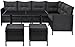 Juskys Polyrattan Lounge Manacor mit Ecksofa, Esstisch, 2 Hocker & Kissen - wetterfest bis 7 Personen - Bezüge waschbar - Rattan Garten Sitzgruppe Gartenlounge Gartenmöbel Set - Schwarz/Grau