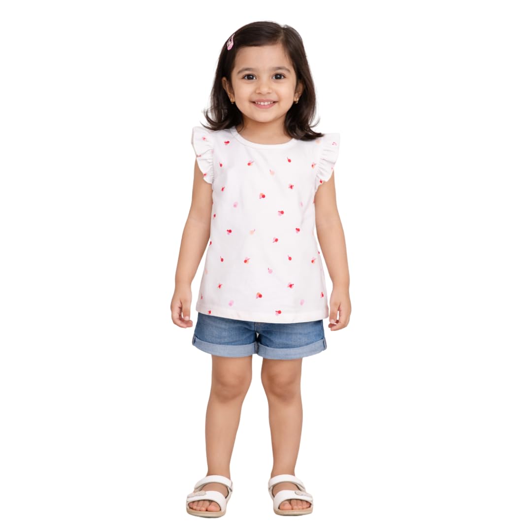 blumbuds Girls 100% Cotton Interlock| Cherry Print Flutter Sleeve Top | Soft Comfortable Fit (5 Years)