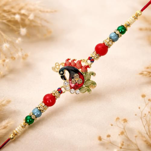 Image of Riddhika Ventures Glorious Gold Plated Meenakari Peacock Rakhi with Roli Chawal and Greeting Card
