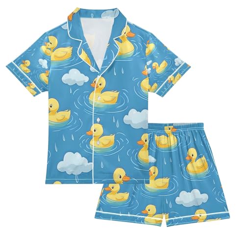 senya Yellow Ducks Swimming Rain Satin Summer Pajama Sets Silk Short Sleeve Button Down Sleepwear