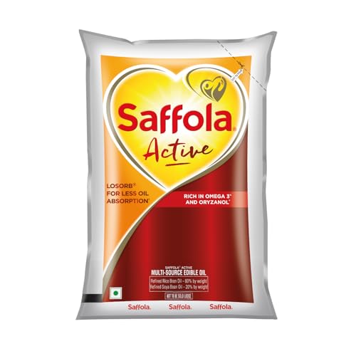 Image of Saffola Active Refined Cooking oil | Rich in Omega 3 & Oryzanol | Multi-Source Edible Rice Bran & Soyabean oil | 930ml / 850g pouch (Weight May Vary)