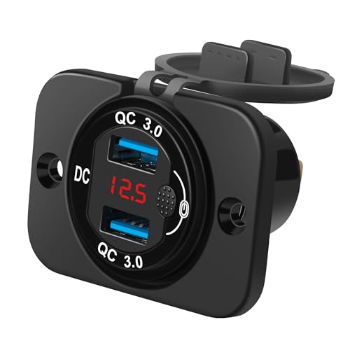 SYCEES QC3.0 - Cargador de mechero de coche con tapa, interruptor, voltímetro digital LED, DC 12 V-24 V, adaptador de enchufe USB dual USB, cargador de coche, adaptador de alimentación USB para coche,