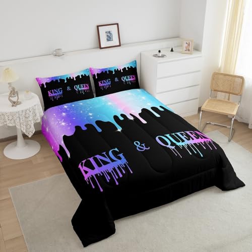 Image of Feelyou King and Queen Kids Comforter Twin, Purple Blue Mr Mrs Comforter Set for Man Woman His and Hers Bedding Set Presents Duvet Set with 1 Pillow Case