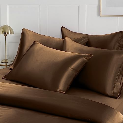 Image of Ersmak 6 Pieces Satin Duvet Cover King Size Luxury Silky Bedding Duvet Cover Set with 1 Soft Duvet Cover, 4 King Pillowcases and 1 Body Pillowcase, Brown