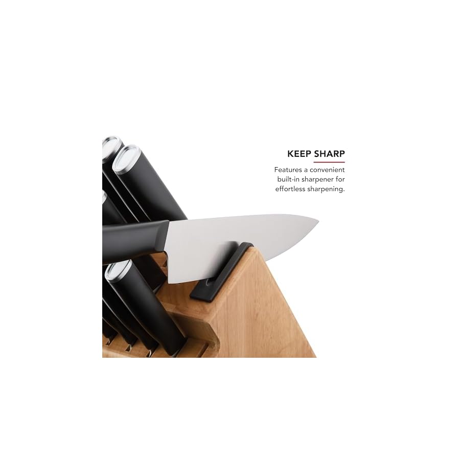 KitchenAid Classic Step Knife Block Set with Built-In Knife Sharpener, High Carbon Stainless Steel Kitchen Knives, Sharp Kitchen Knife Set with Block, 14-Piece, Natural