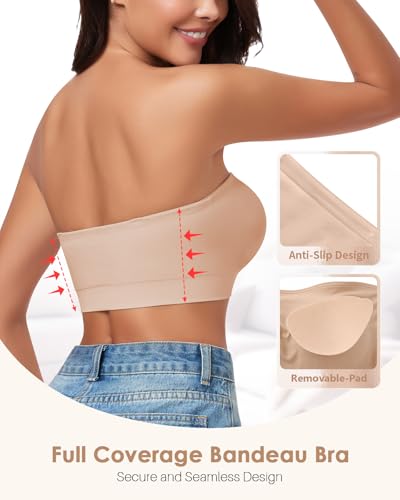 Image of Strapless Bra for Women Bandeau Bras Seamless Wireless Padded Bandeau Top Non-Slip Tube Top
