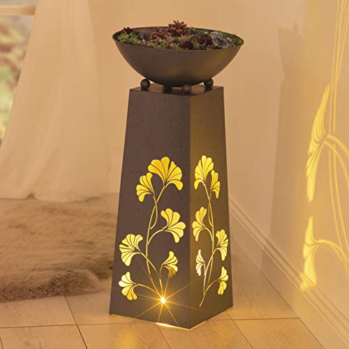 Hoberg LED Pflanzsäule Ginkgoblätter-Design in Beton-Optik | Abnehmbare Pflanzschale (Ø 34cm) In- und Outdoor geeignet | Integrierte Beleuchtung, 6h Timer, kabellos [23 x 23 x 70 cm]