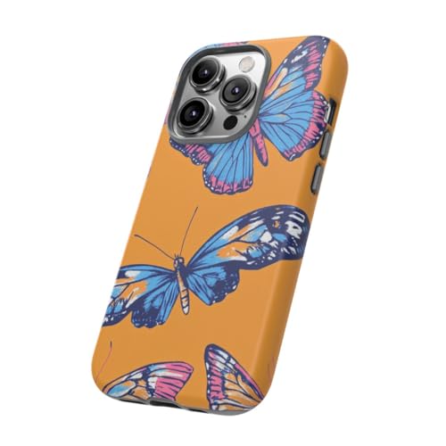 Coque iPhone 14 Pro papillons bleus et roses rigide mate orange contre traces et chocs