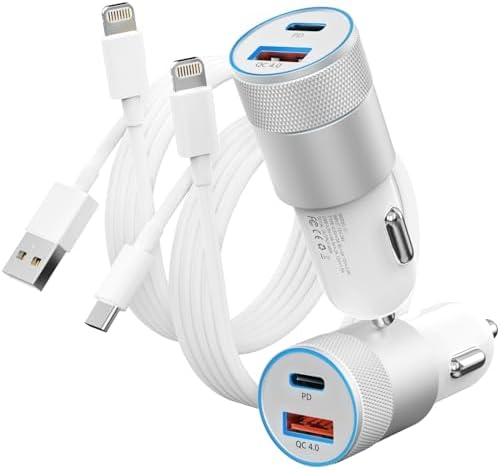 Fast Car Charger and Carplay Cable, 48W Dual Port USB A and USB C Car Charger Adapter with 2Pack High Speed Charging L ightning Cable for i Phone 14/14 Plus/14 Pro Max/14 Mini/11/SE/X, i Pad and More