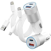 Fast Car Charger and Carplay Cable, 48W Dual Port USB A and USB C Car Charger Adapter with 2Pack High Speed Charging L ightning Cable for i Phone 14/14 Plus/14 Pro Max/14 Mini/11/SE/X, i Pad and More