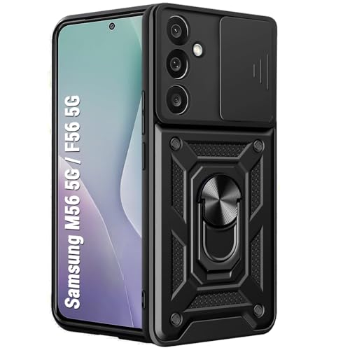 Image of TheGiftKart Tough Armor Bumper Back Cover Case for Samsung Galaxy M56 5G / F56 5G | Kickstand & Ring Holder | 360 Degree Protection Cover for Samsung M56 / F56 (PC & TPU, Sliding Camera Cover, Black)