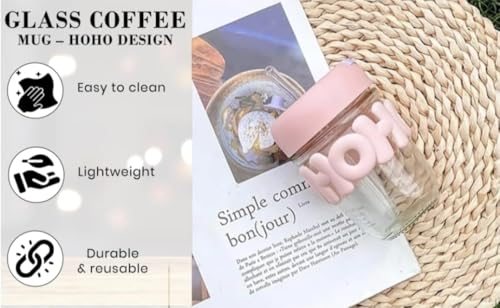 Image of HoHo Glass Mug Shaker with Silicone Holster, Lid and Straw, for Iced or Hot Drinks, Smoothies, Juices, and Iced Coffee
