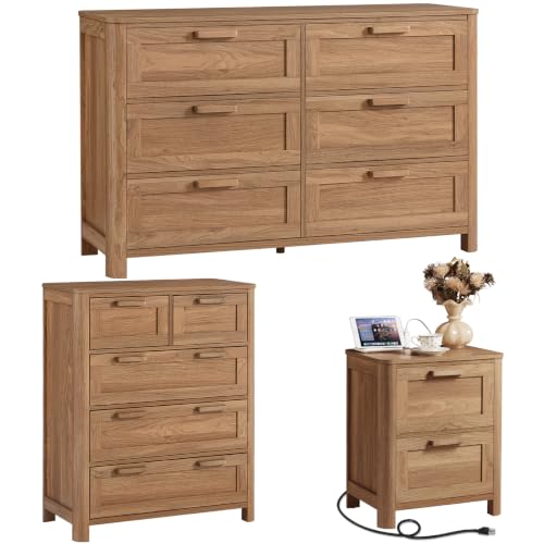 Joaxswe Farmhouse Dresser and Nightstand Sets 3 Piece, Brown