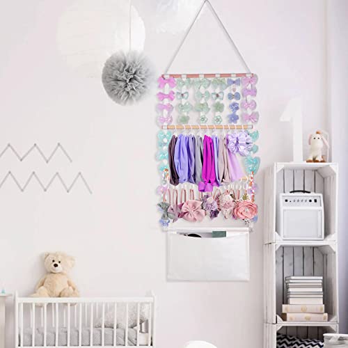Nerien Headband Holder, Hair Bow Organizer With Pocket, For Girls Baby Toddler, Hair Accessories Wall Closet Hanging Storage Display, For Hair Ribbons Ties Clips, With 20 Pcs Hooks For Shower Room #TOP3