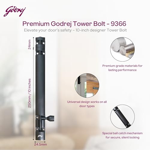 Image of Godrej Door Fittings | 10 inch Tower Bolt | Premium Matte Black Finish | Kundi for Better Grip & Easy Operation-Chitkani /Chitkini for Main Door, Bedroom, Bathroom, Wardrobe| Pack of 2|1 Year Warranty