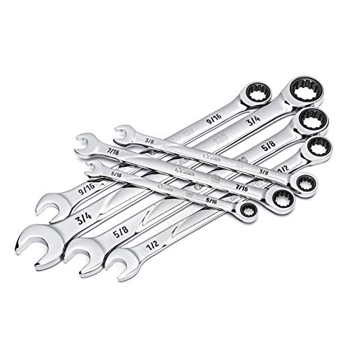 SATA 7-Piece SAE 120P Professional Combination Ratcheting Wrench Set with Universal Spline Drive and 120 Opening Positions, 5/16 to 3/4-Inch - ST08044U