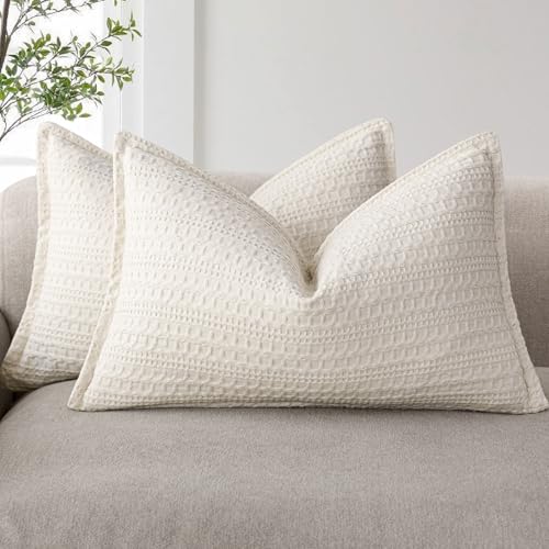 Image of Foindtower Set of 2 Decorative Cotton Waffle Weave Lumbar Throw Pillow Covers Euro Shams Cushion Covers Accent European Pillowcase For Bed Couch Bedroom Living Room Home Decor 12x20 Inch Natural Ivory