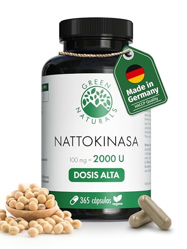 Green Naturals® Nattokinase (20.000 FU/g) – 365 cápsulas (suministro para 1 año) – Alta dosis 100 mg con 2.000 FU por cápsula