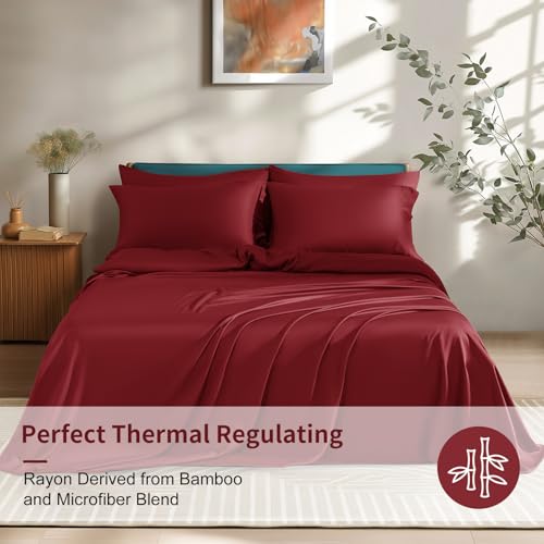 Image of Shilucheng 6 Piece California King Sheet Sets, Cooling Sheets, Blend Rayon Derived from Bamboo, Deep Pocket Up to 16 inch, Breathable & Soft Bed Sheets, Hotel Silky Bedding Set, Burgundy