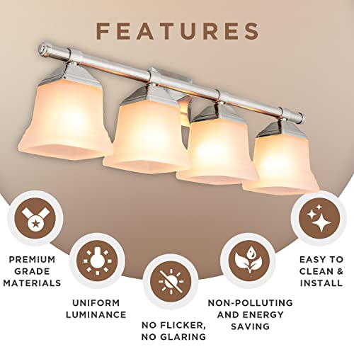 Image of Diodesy- 25-Inch Bathroom Vanity Square Bell Sconce 4-Light Fixture 100W Max E26 Medium Base Sockets Use A19 Bulb(Not Included) Brushed Nickel & Frosted Glass Shade ETL Listed- For Living Room Bedroom