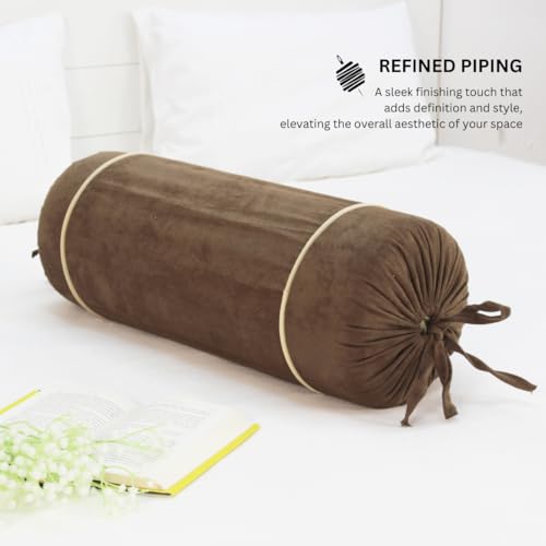 Image of AURAVE Suede 300 TC Printed Bolster Cover with Drawstring Closure, Set of 2, Soft Breathable Durable Machine Washable for Sofa Bed & Home Decor, 15 inchx30 inch, Coffee Brown | Cover Only
