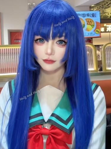 Image of Half and Half Long Deep Blue Anime Wig for Kokomi Teruhashi Cospaly 23.6'' Dark Blue Female Wig with Bangs Sapphire Blue Synthetic Hair Wigs for Women Halloween Party Costumes