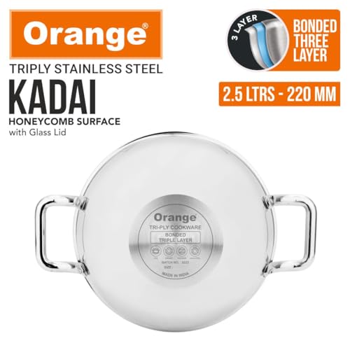 Image of Orange Triply Stainless Steel Honeycomb Non-Stick Deep Kadai /Kadhai with Glass Lid (2.5 LTR, 22cm) | Induction & Gas Stove Capatible | Metal Spatula Friendly | 2.5mm Thickness | 5Year Warranty