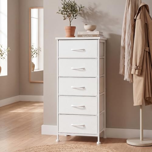 Image of Fixwal White Tall Skinny Dresser for Bedroom, Narrow Storage Dresser Organizer with 5 Fabric Drawers, Nightstand Furniture in Closet, Entryway, Hallway