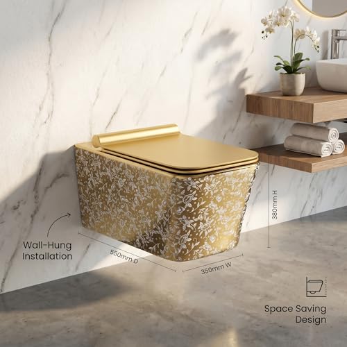 Image of InArt Ceramic Commode Wall Mount /Wall Hung Western Toilet /Water Closet /EWC /WC /European Commode for Bathrooms P Trap Outlet is from Wall with Soft Close Seat Cover Square (Gold Leaf Pattern)