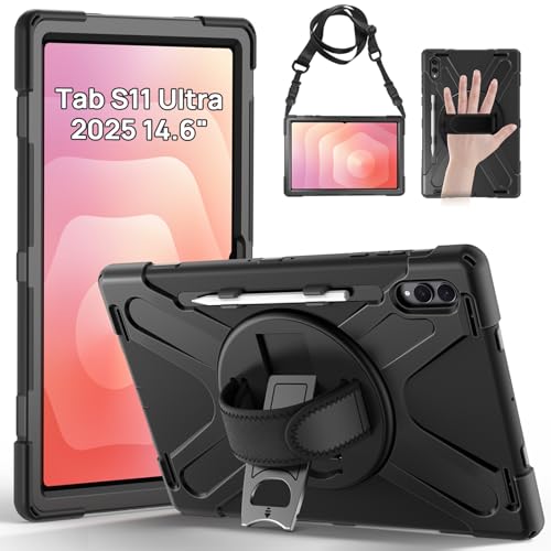 Gerutek Funda Anticaída para Samsung Galaxy Tab S11 Ultra 2025 14.6 Pulgadas, Carcasa Rugosa con Soporte 360° Giratorio, Correa de Mano/Hombro, Portalápices, Funda para Galaxy Tab S11 Ultra, Negro