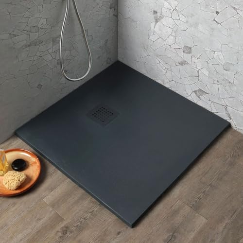 Kiamami Valentina - Piatto Doccia 70x70 Tagliabile in Resina Grigio Antracite Effetto Pietra, Spessore 2,5 cm, Copri Piletta Acciaio Inox Incluso, Antiscivolo, Installazione Filo Pavimento o Appoggio