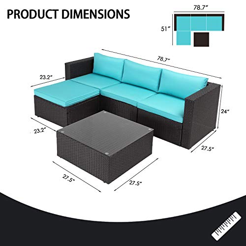 VITESSE 5 Pieces Patio Furniture Sectional Sets, Outdoor All-Weather PE Rattan Wicker Lawn Conversation Sets, Garden Sofa Set with Coffee Table and Washable Couch Cushions (Tiffany Blue) - Thumbnail 6
