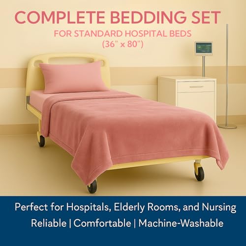 Image of Care Bed Sheets Set 4 Pcs - 36 inchx80 inch Fitted Sheet, Flat Sheet, Pillowcase & Blanket - Twin XL Hospital Style Sheets for Home or Adjustable Beds(Pink)