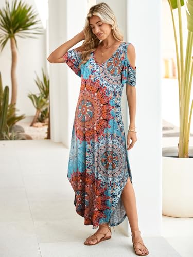 Image of BELAROI Womens Cold Shoulder Maxi Dress Plus Size V Neck Summer Sundresses with Pockets Beach Coverup Vacation Outfits