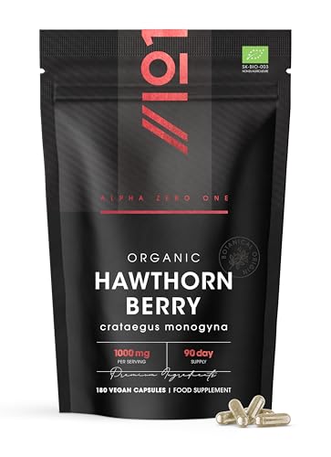Organic Hawthorn Berry 1000mg 180 Vegan Capsules High Strength Crataegus Monogyna Supplement Clean & Potent Formula Resealable and Recyclable Pouch by Alpha01