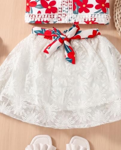 Image of TAGAS Girls Girls Floral Crop Top and White Lace Skirt Set - Summer Sleeveless 2-Piece Outfit with Bow Belt - Casual Party Dress for Kids