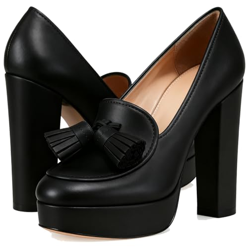 Image of SHODENSE Women Vintage Chunky Platform Loafers Pumps Tassel Round Closed Toe Slip On Suede Block High Heel Dress Loafer Shoes Buckle Strap Oxford Loafers Fringe Pump Dressy Chic Sexy Y2k 4-11 M US