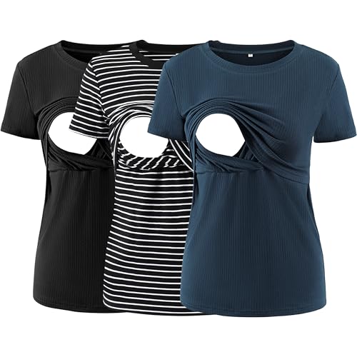 Image of Liu & Qu Women's Maternity Nursing Tops Rib Short Sleeve Breastfeeding Shirts Maternity Clothes 3-Pack