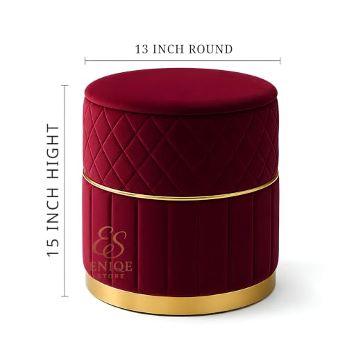 Image of Set of 2 Round Velvet Ottoman Footstool Gold Base - Tufted Upholstered Pouffe Stool for Living Room, Bedroom & Dressing Area (Maroon-2)