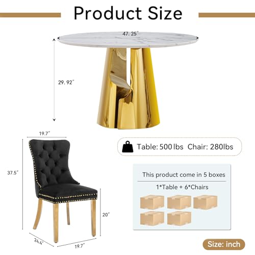 Image of 7-Piece Round Dining Table Set for 6, Modern Faux Marble Kitchen Table and Black Velvet Chairs Set of 6, Luxury 45 inch Circle White Gold Dining Room Tables with Stainless Steel Base