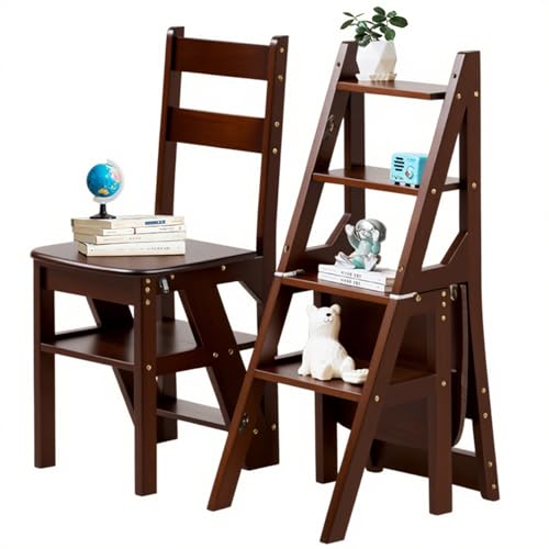 Silla Escalera Plegable 3 en 1 de Madera Sólida, Taburete Escalonado Convertible y Estante de Exhibición, Escalera Multifuncional de 4 Niveles, para el Hogar, Cocina, Biblioteca (Color Nogal)