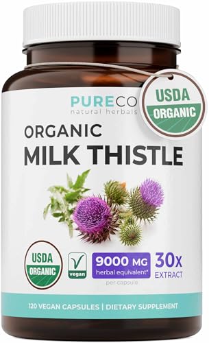 PURE CO USDA Organic Milk Thistle Capsules - 80% Silymarin Supplement for Liver Support- Super Concentrated 300mg of 30:1 Milk Thistle Extract Liver Detox 120 Day Supply