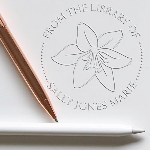 Personalized Name Seal Press, Custom Hybrid Whimsy Flower Design, 1-5/8 Round Embossing Stamp for Book Ownership, Ideal for Book Aficionados, from The Library of Embossing Stamp, Crisp Imprints