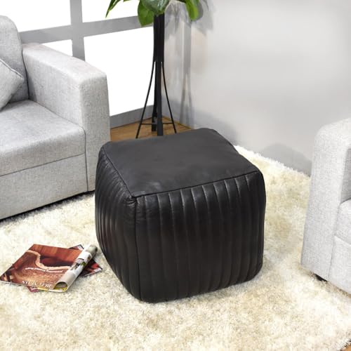 BBHHOMES Handmade Eco-Friendly Solid Leather Pouf Black Color Square 18