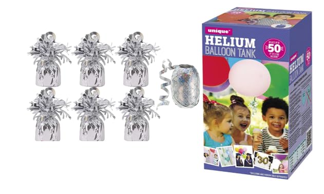 helium balloon canister with balloon weights and Ribbon (Silver Weight, Large Canister)