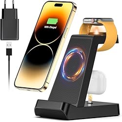 Cargador Inalambrico Samsung Max 3 en 1 Cargador Inalámbrico Rápido Stand para i-Phone 15 14 13 12 11 Pro Max Mini XS XR, Wireless Charger Estación para Apple Watch 8/7/SE/6, AirPods 2/3/Pro, para Samsung Galaxy