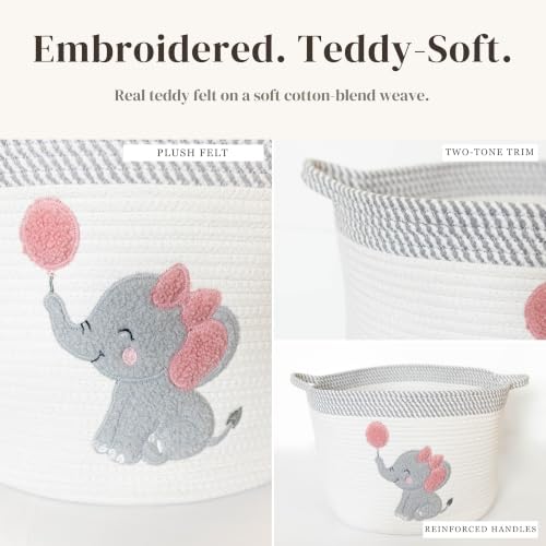 Image of Elephant Baby Storage Basket for Girls, Cotton Rope Nursery Bin, 15x11 in | Stuffed Animal and Blanket Storage, Soft Felt Elephant Patch, Pink Baby Room Decor, Shower Gift, Kids Playroom Organizer