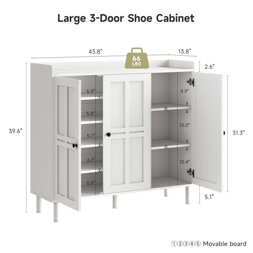 Image of ONBRILL Shoe Cabinet with 3 Doors and Adjustable Shelves, 30 Pairs Shoe Storage Cabinet, 40 Inch Tall Farmhouse Shoe Rack Shoe Organizer Cabinet for Entryway Living Room Closet, White