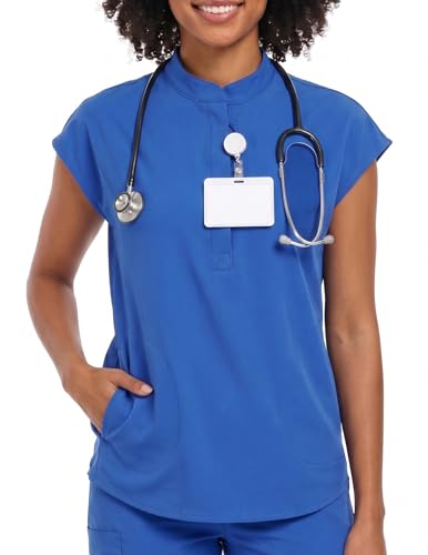 VECARDI Womens Scrub Top Zip Front Short Sleeve with Pockets Royal Blue
